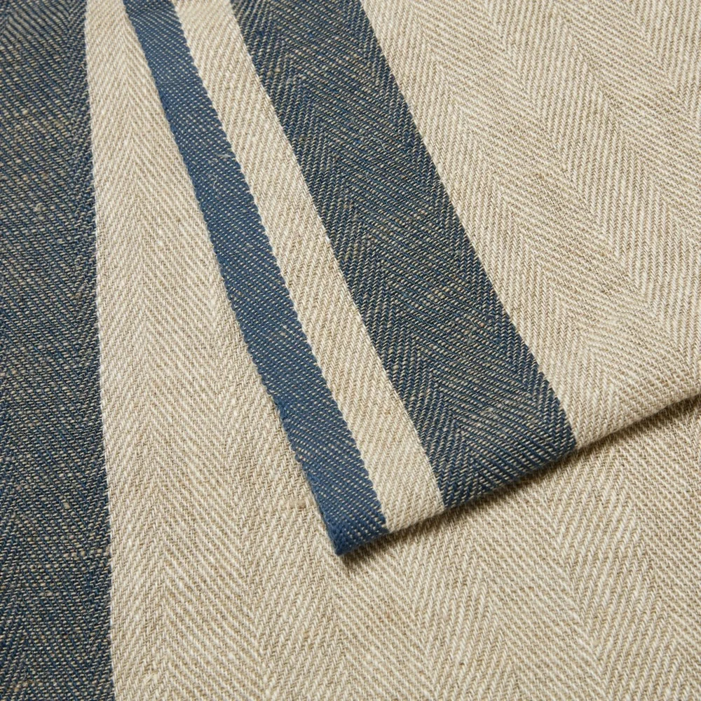 CARAVAN Gordes Natural & Blue Cotton Linen Table Runner Size 20x90  NEW
